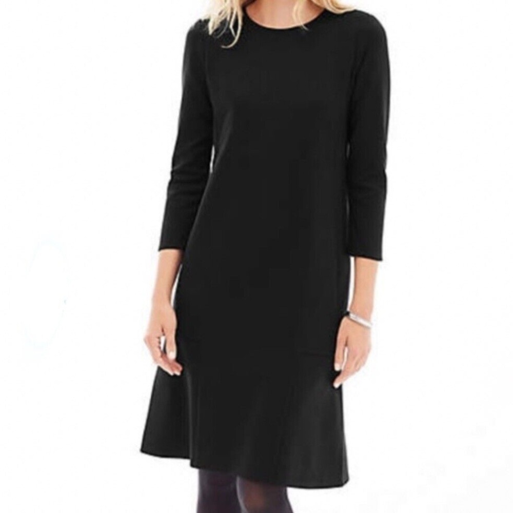 J Jill Black Ponte Pullover Shift Dress 3/4 Sleeve Pockets Seam Panel Small